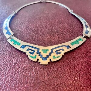 Choker with blue & green design on silver